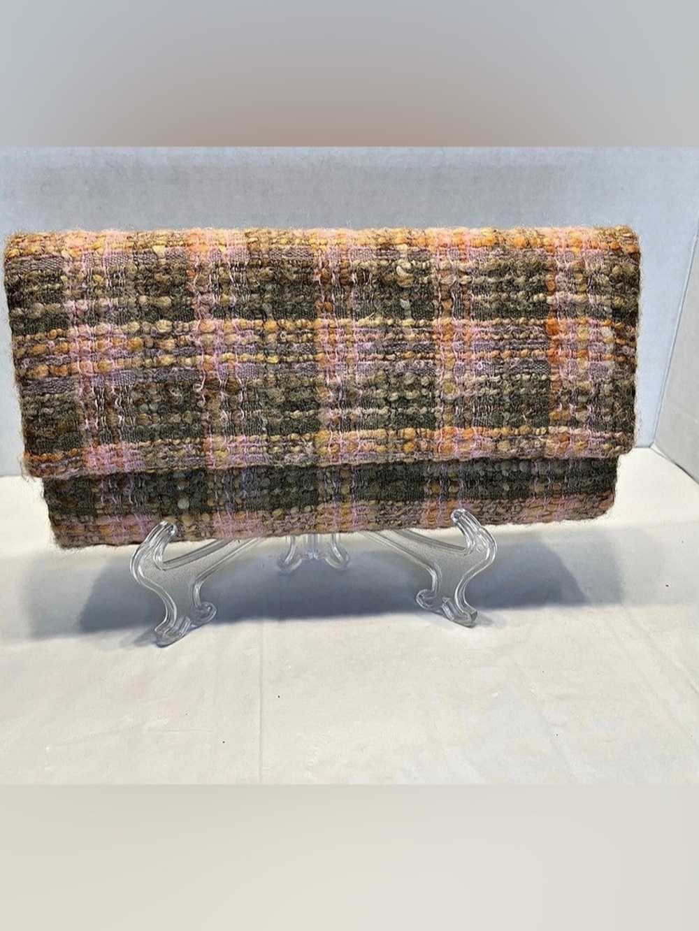 Plaid Clutch in Brown & Pink Like New
